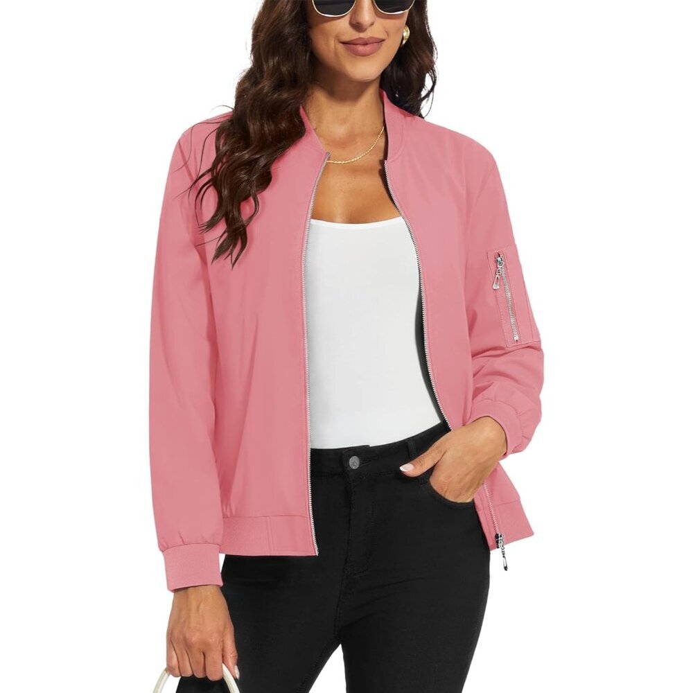 Women's Casual Jacket Bomber Jackets 5 Pockets Windbreaker Zip-Up Ash Pink